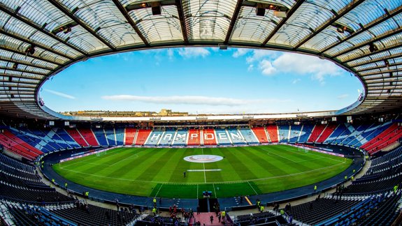 An empty Hampden Park stadium with blue and red seats, a green field, and a transparent roof against a blue sky.