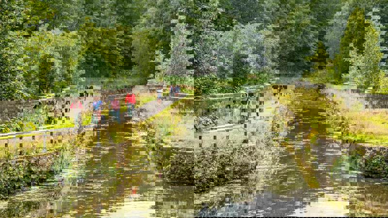 A group of cyclists riding along a path next to a canal with green trees and bushes lining the banks. 