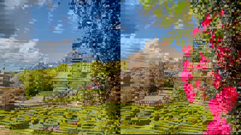 A large, grand house with a manicured hedge maze in the foreground, with blooming pink flowers framing the right side.