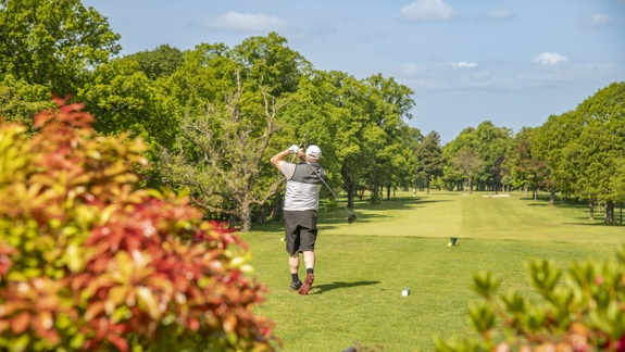 A golfer in a grey shirt and black shorts takes a swing on a green, tree-lined golf course on a sunny day.