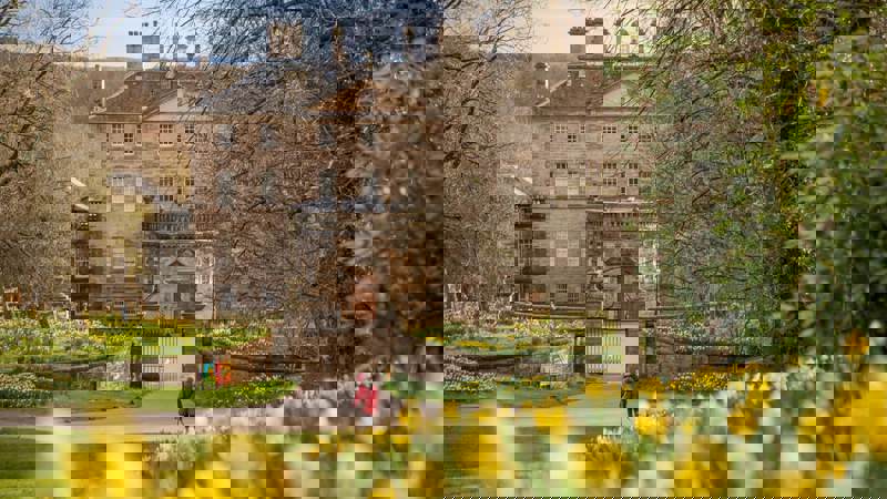 The front of Pollok House, a stately home, with a garden in the foreground featuring daffodils and a person walking a dog.
