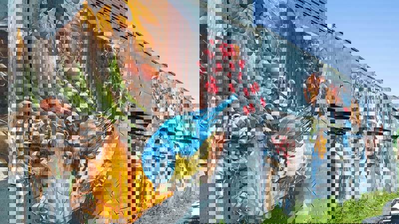 A colourful mural on a building wall depicts a blue tit and other forest scenes with leaves and berries.