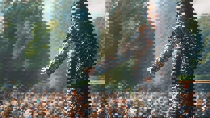 A performer with dark hair and a sequined jacket sings into a microphone on an outdoor stage to a large crowd.