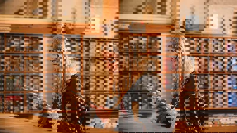 A person in a record store looking at a vinyl record.