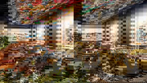 Modern rooftop lounge with vibrant ceiling artwork, cosy seating, plants, and city views at Sisi Rooftop in Glasgow