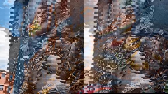 A close-up mural shows a person wearing hiking boots, stepping near large mushrooms and leaves, with a hand reaching for a mushroom.