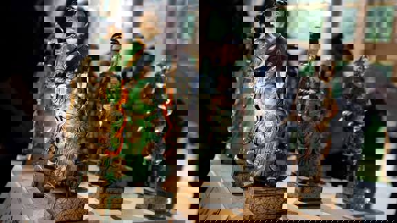 A close-up of several Chinese figurines, with the focus on a figure in a green robe.