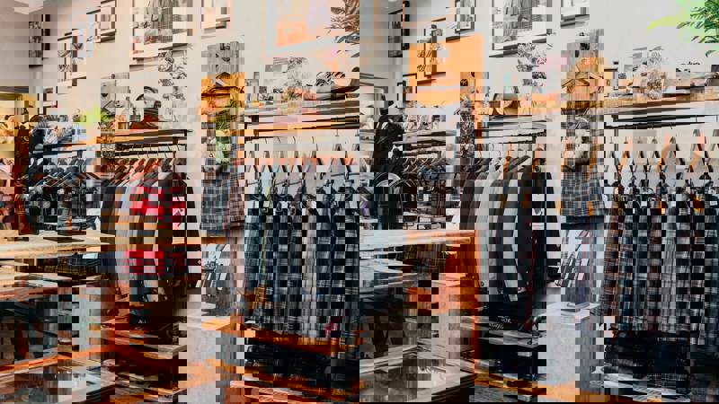 The interior of a Scottish clothing store displaying kilts, jackets, and other traditional attire on racks and mannequins.