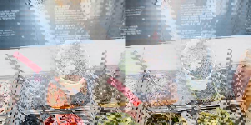 A bright, modern cafe interior with potted plants, hanging light fixtures, and a glass counter displaying food items.