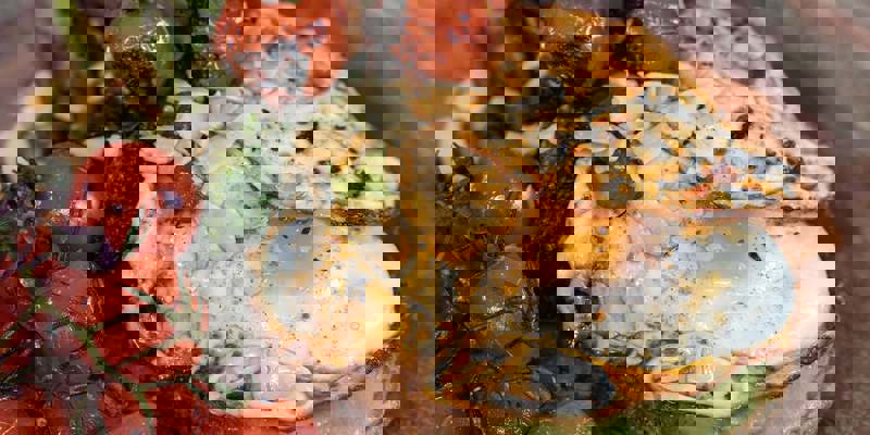 Close-up of a colourful dish with a fried egg, avocado toast, roasted tomatoes, and greens.